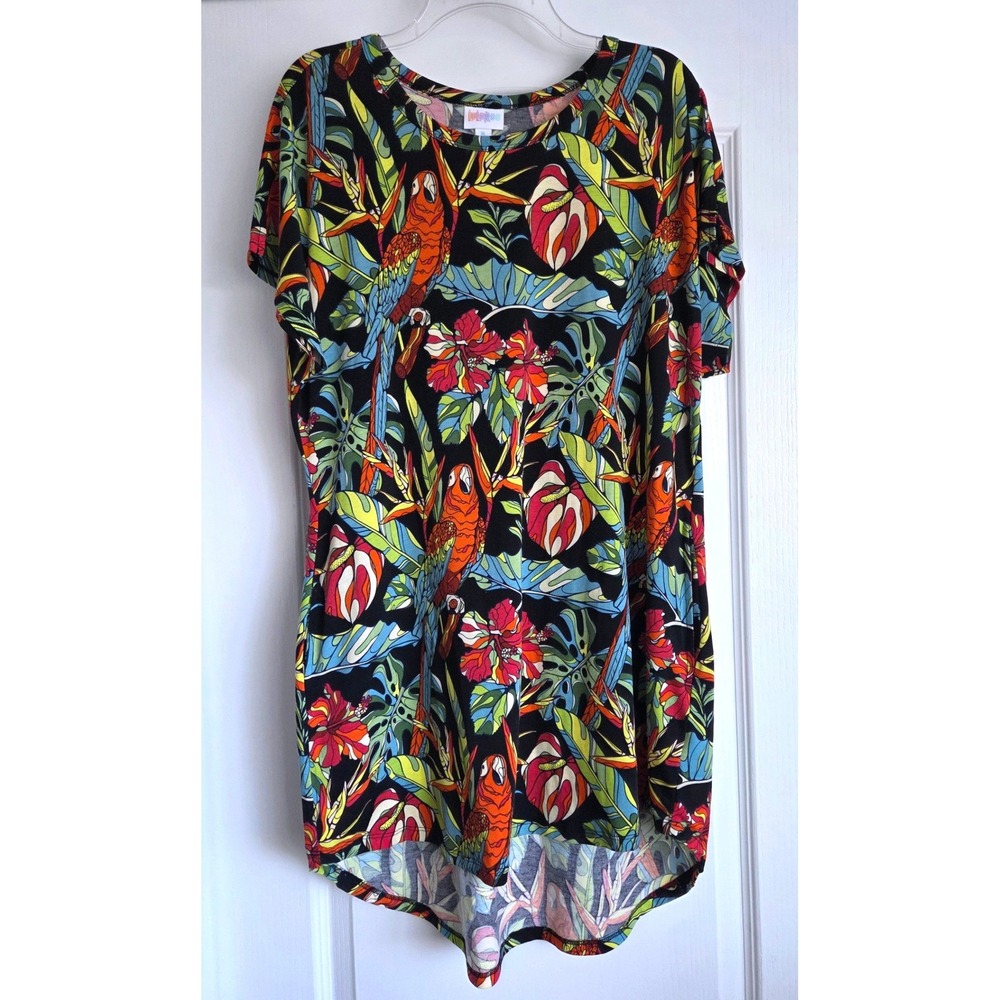 LuLaRoe Tropical Parrot Hibiscus Print High-Low Dress XL Short Sleeve Pockets